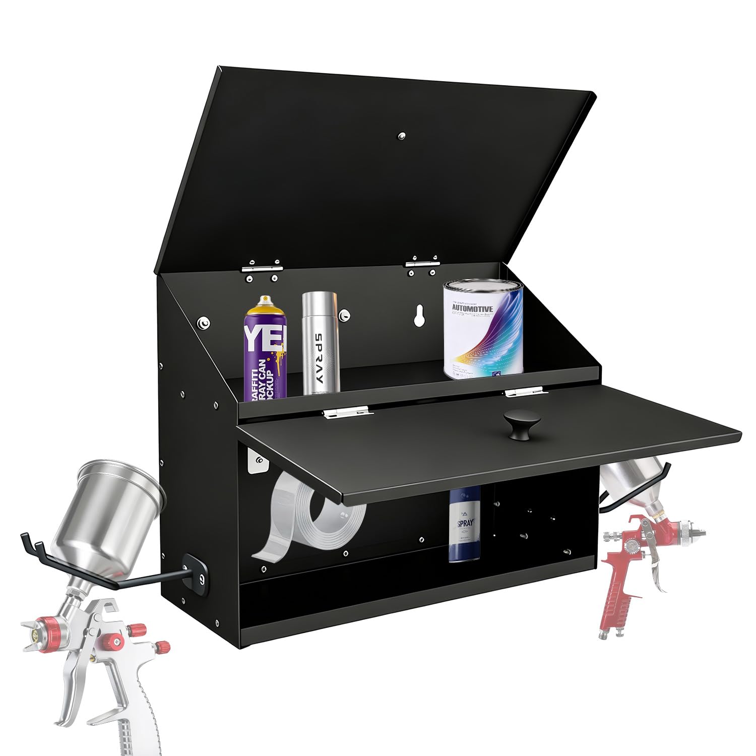 Wall-Mounted/Magnetic Spray Booth Box, Spray Paint Storage Box/Cabinet for The Interior of Spray Booths, Double Compartment Cabinet with Two Spray Gun Hangers, Black