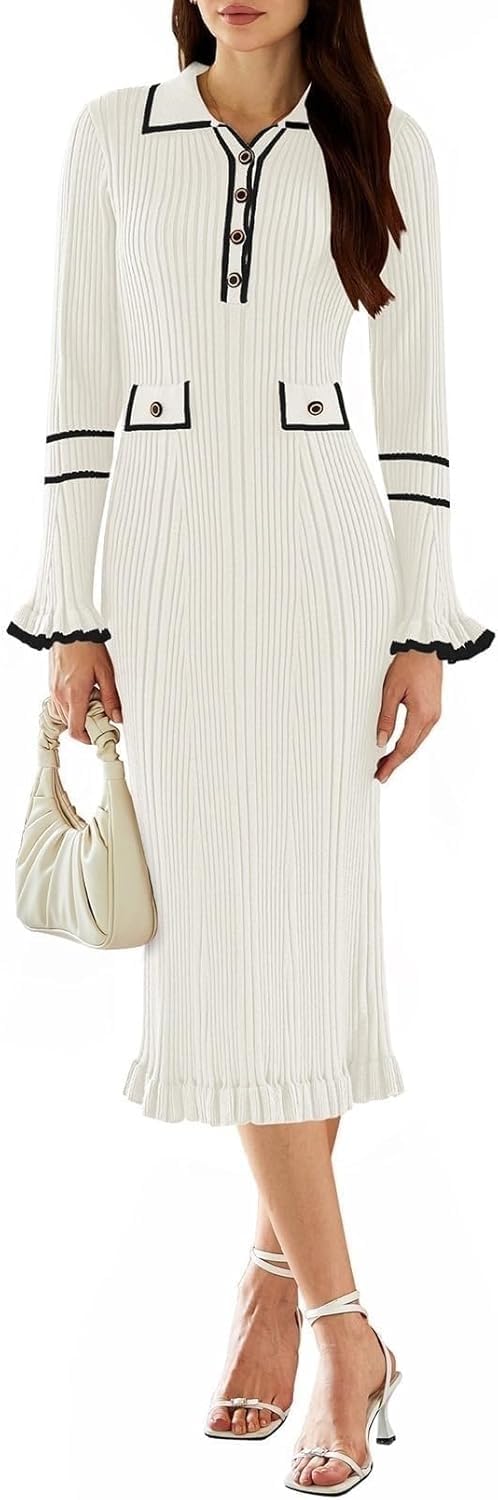 Robe pull moulante col V manches longues tricot côtelé blanche M