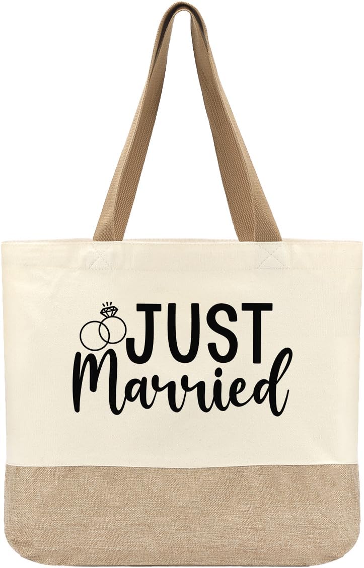 Bride Gifts Just Married Tote Bag, Wedding Bridal Shower Gifts, Bachelorette Party Engagement Gift for Couples Wife, Honeymoon Essentials, Fiance Newly Engaged Gift Beach Bag Reusable Grocery Bags