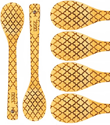 Bamboo Cooking Spoons - Unique Moroccan Trellis Pattern - Wooden Kitchen Spoons - 6 Piece Set - Stylish Serving Utensils - Organic High Heat Wood Spoon For Cooking - Great Kitchen Gift Idea