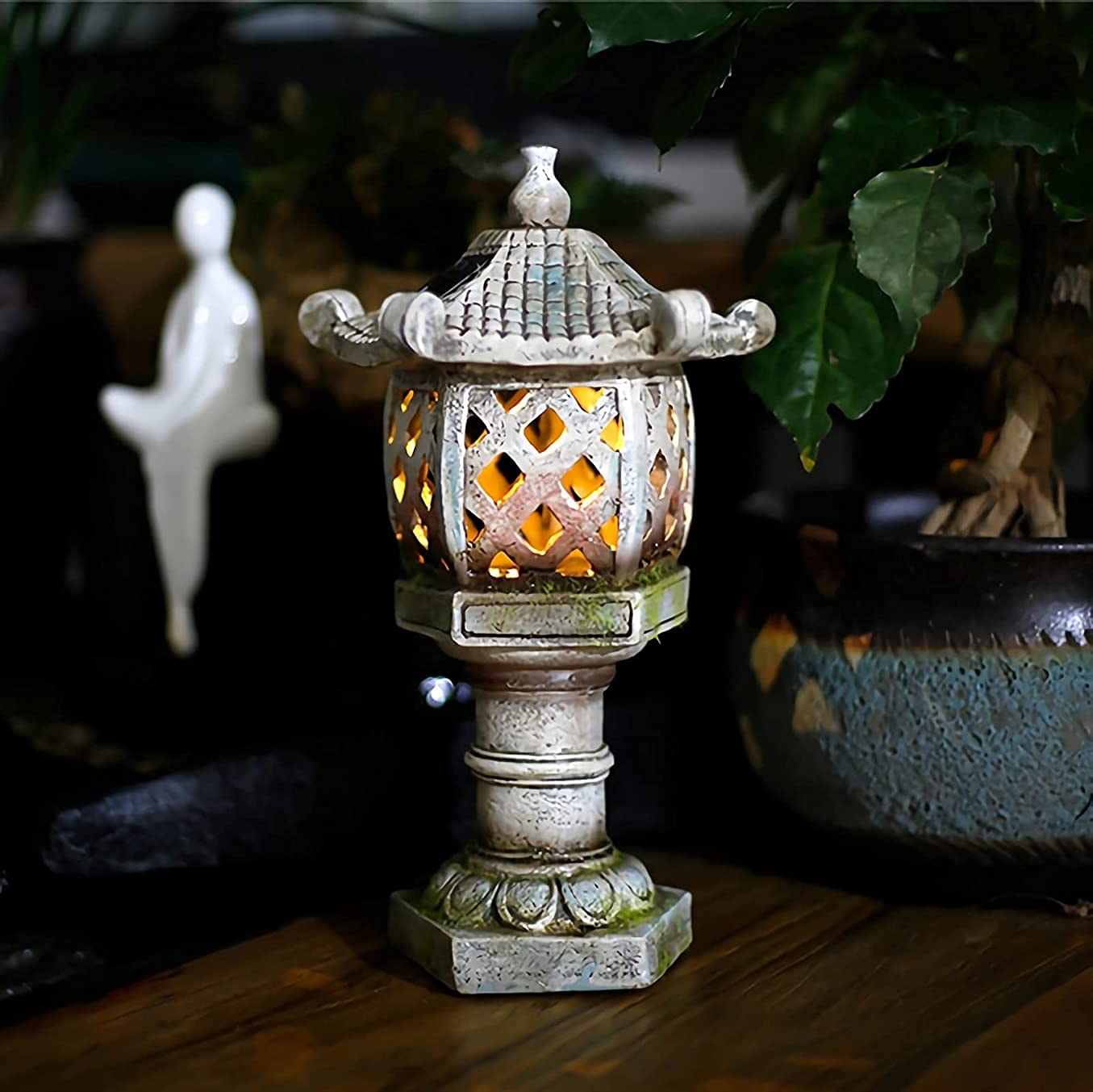 Solarny ogród japoński styl pagoda latarnia statuetka, zasilany energią słoneczną żywica rzeźba zewnętrzna lampa ogrodowa, na patio, trawnik, 30 cm wys