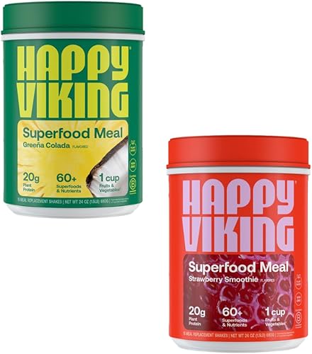 Happy Viking Greeña Colada y Fresa en polvo, por Venus Williams, 0.71 oz de proteína, baja en carbohidratos, keto, vegano, sin gluten,