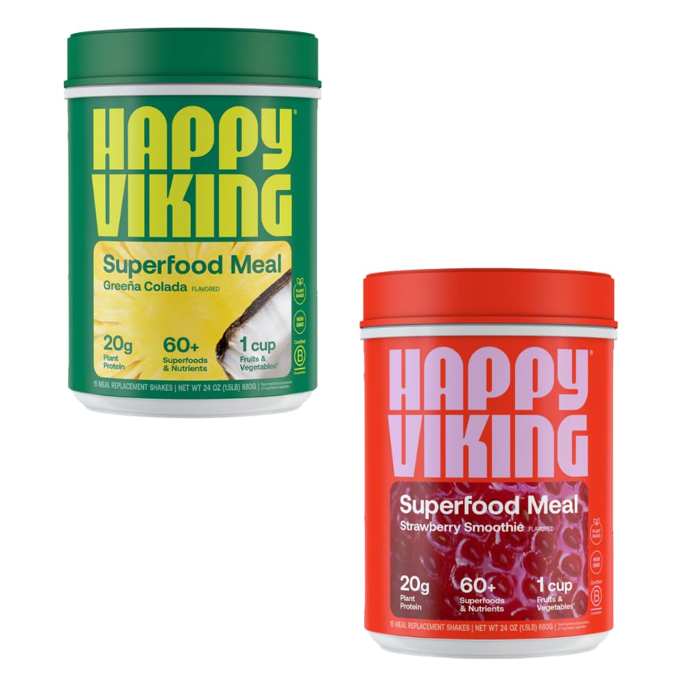 Happy Viking Greeña Colada and Strawberry Powder, by Venus Williams, 20G Protein, Low Carb, Keto, Vegan, Gluten-Free, Superfoods, Complete Meal Replacement, 2 Canisters (24 oz. Each)