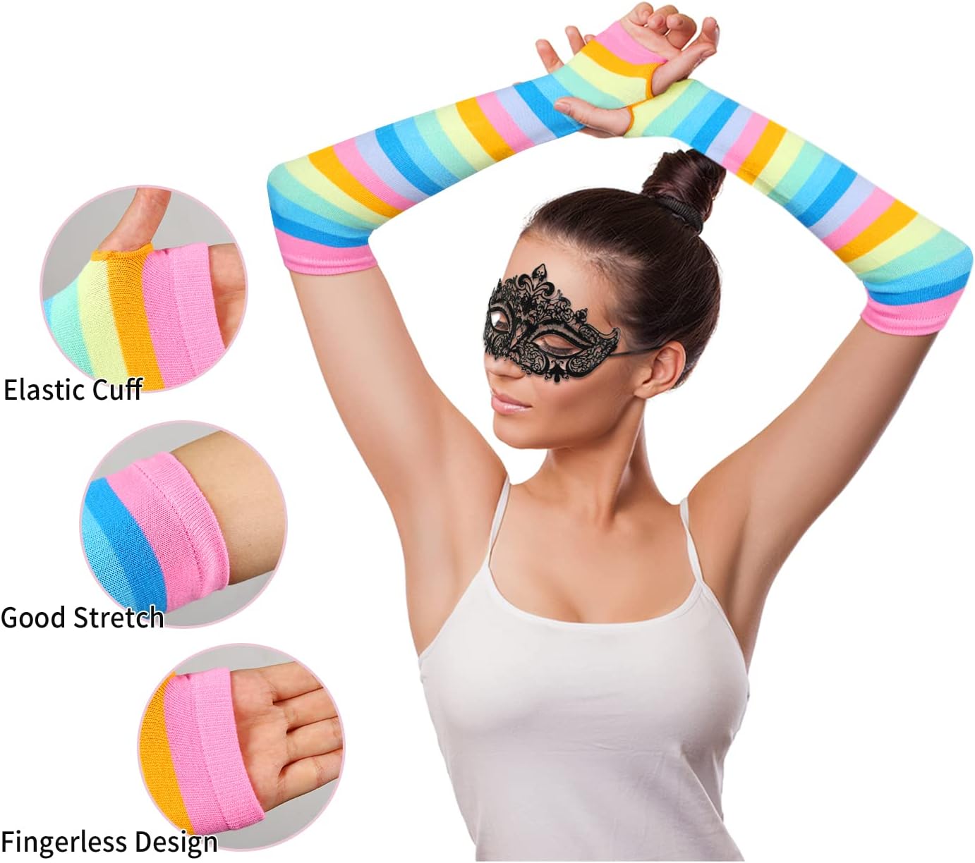 Benefeet Sox Womens Rainbow Striped Knee High Thigh High Socks Arm Warmers Set Fingerless Gloves Halloween Costume - Image 4