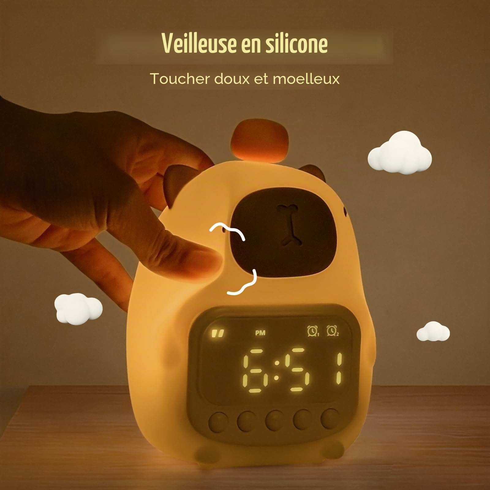 Yiliaw Capybara Réveil avec veilleuse pour enfants, 7 couleurs RVB - Réveil mignon pour chambre à coucher, réveil - Lampe de table en silicone en forme d'animal pour adolescents, filles, garçons