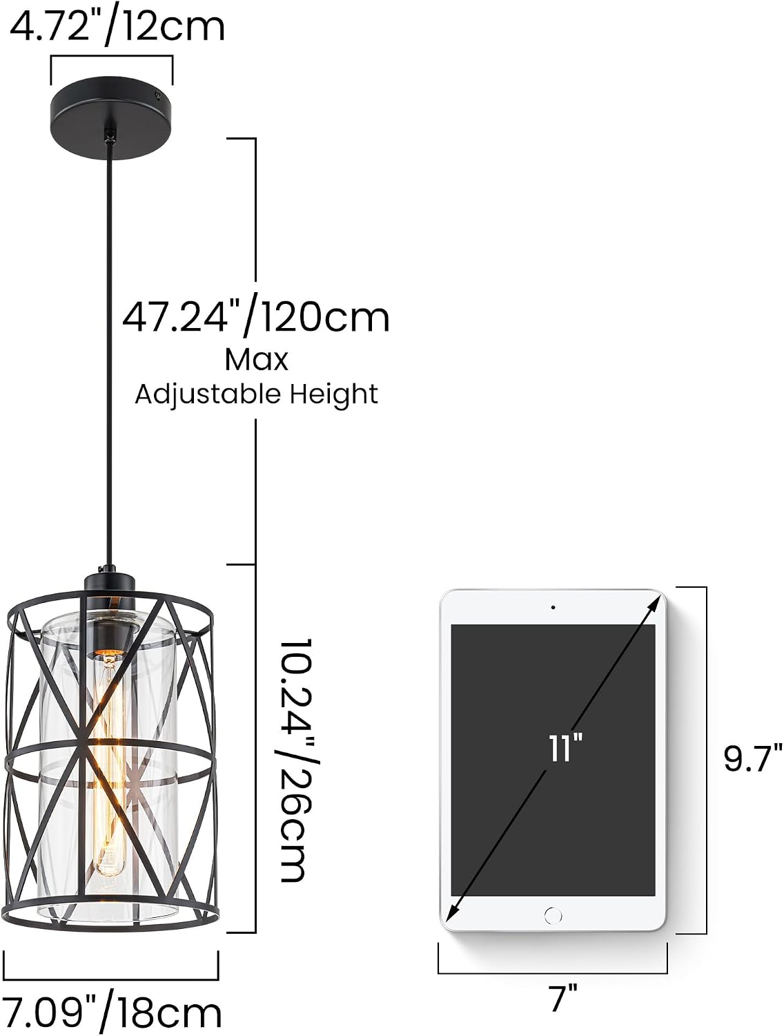 Farmhouse Pendant Lights Kitchen Island, Adjustable Hanging Industrial Pendant Light with Black Cage and Clear Glass Shade, Kitchen Pendant Lighting for Island Bathroom Over Sink Hallway