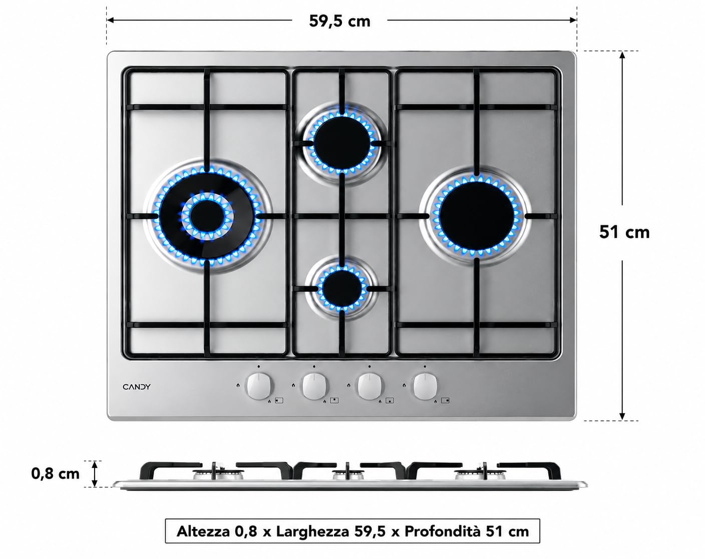 Candy Idea Piano Cottura a Gas 4 Fuochi, Bruciatore Doppia Corona 4000W, Griglie Smaltate Lavabili in Lavastoviglie, Acciaio Inox, Sicurezza Gas, AxLxP 0,8x59,5x51 cm - CHW6D4WX