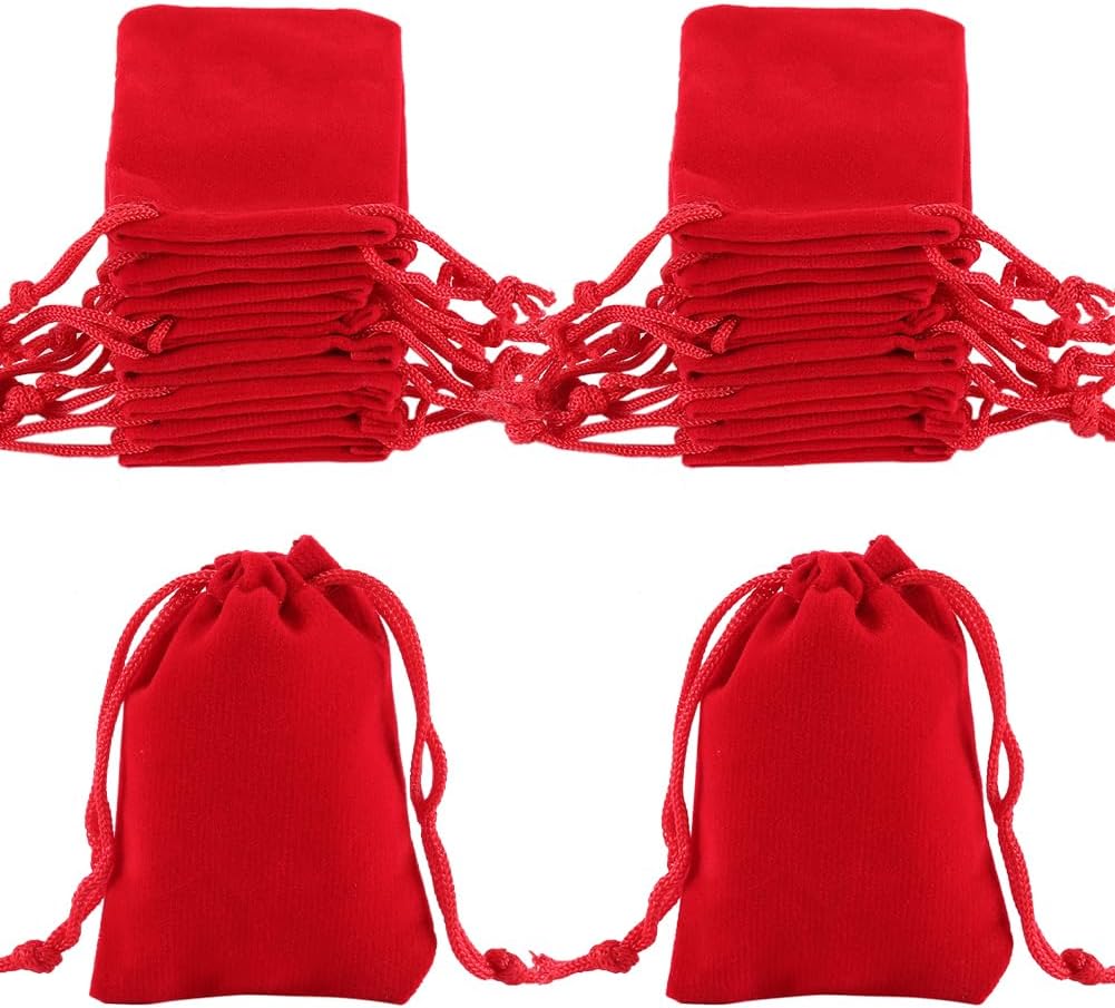 Beebeecraft 25Pcs Rectangle Jewelry Bags 2.8x2Inch Small Red Velvet Drawstring Pouches for Candy Gift Bags Christmas Party Wedding Favors