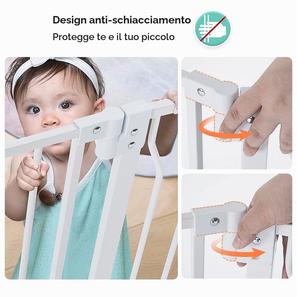 COMOMY Cancelletto per Bambini con Porta per Gatti Regolabile, Cancelletto per Gatti In Extra Largo da 75 a 123cm, Cancelletto per Cani a Chiusura Automatica con Porta per Animali (Alto 76cm, Bianco)