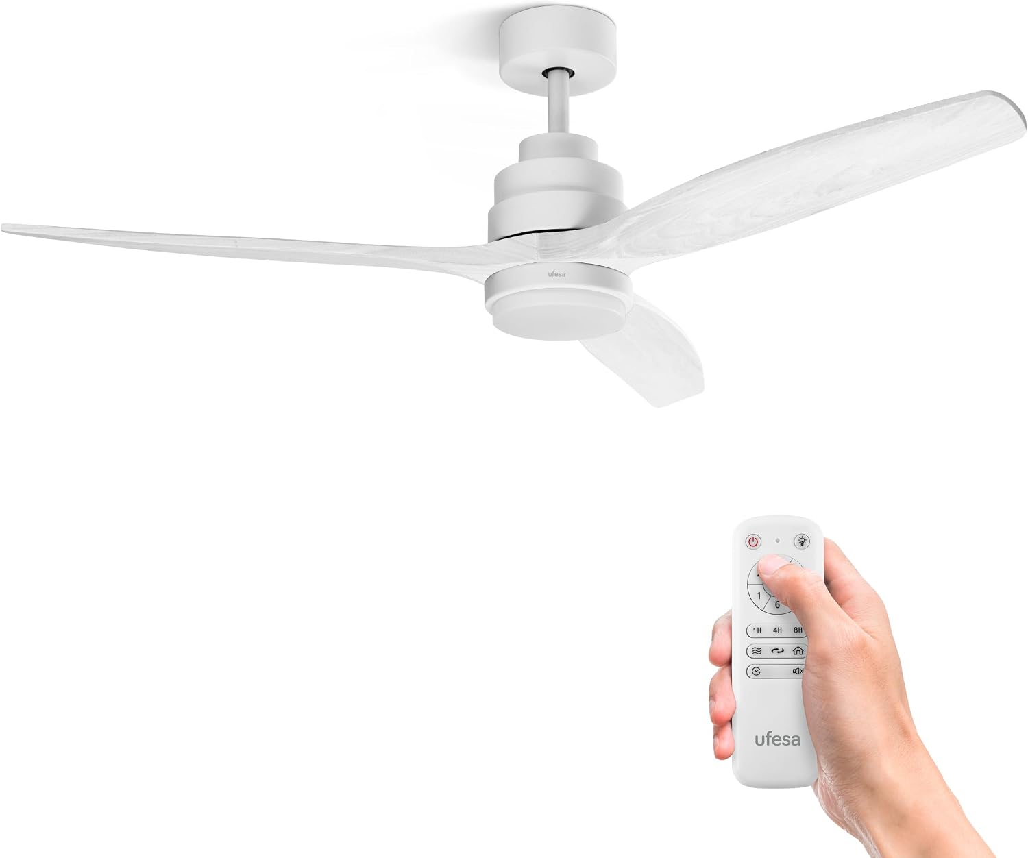 Ufesa Ventilatore da Soffitto con Luce LED, 40W, 6 Velocità, Ultra Silenzioso, 3 Pale in Legno Naturale 132cm, Funzione Estate-Inverno, Timer 8h, 3 Livelli di Luce, Telecomando, Bianco