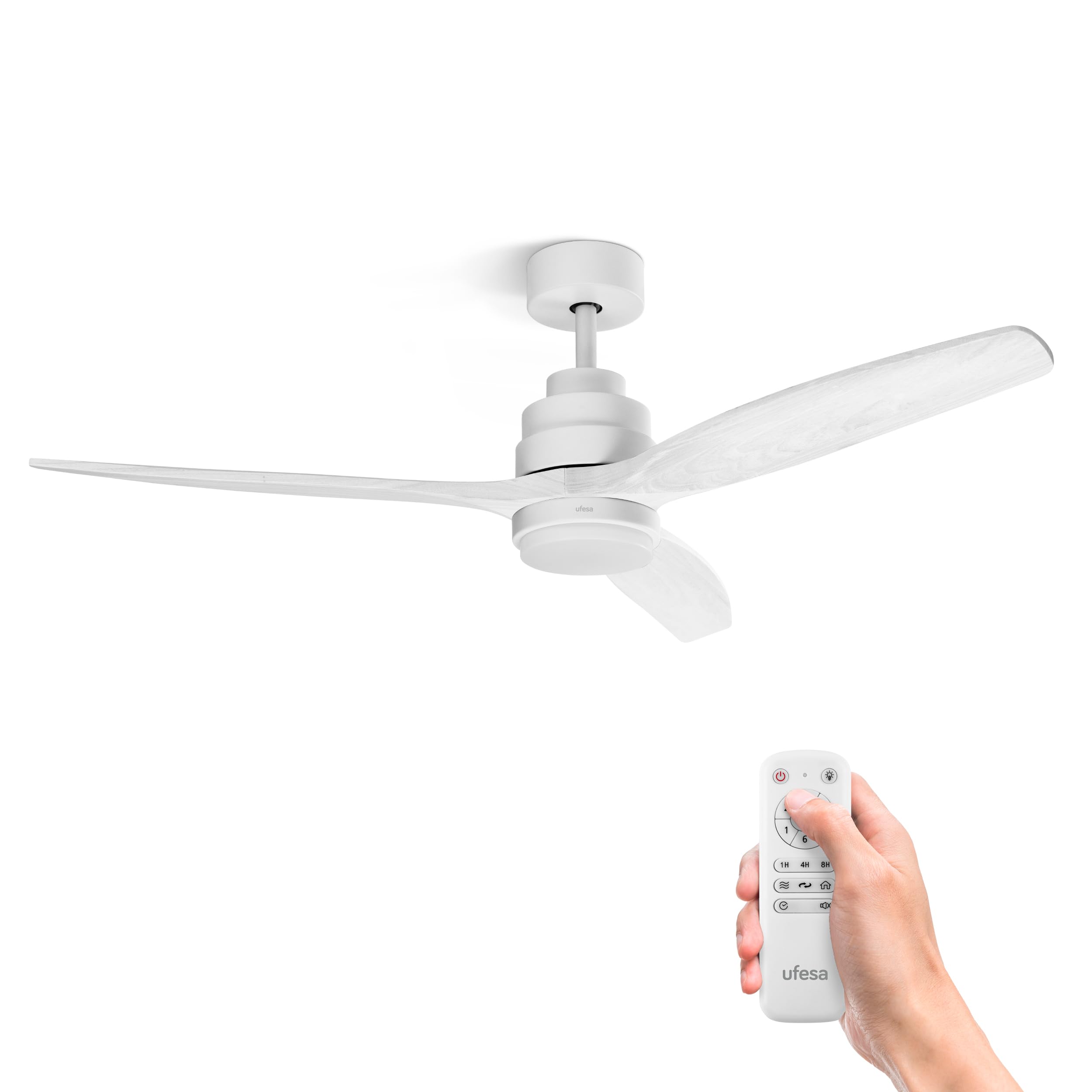 Ufesa Ventilador de Techo con Luz LED, 40W, 6 Velocidades, Ultra Silencioso, 3 Aspas Madera Natural 132cm, Función Verano - Invierno, Temporizador 8h, 3 Niveles Luz, Mando a Distancia, Blanco