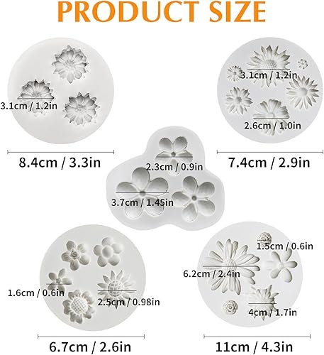 Miniatura 2 de KALAIEN Juego de 5 moldes de silicona para fondant de flores, flores de margarita, rosa, crisantemo para chocolate