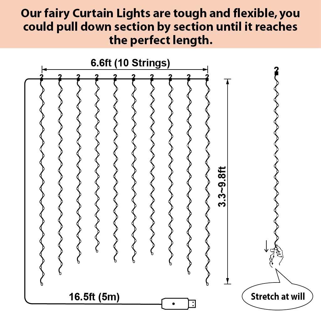 SINAMER Upgrade 300 LED Curtain String Light, 6.56ftx9.8ft Copper Wire Lights, USB Powered Hanging Window Fairy Lights,8 Lighting Modes, Remote Control for Home Christmas Wedding Party, Warm White