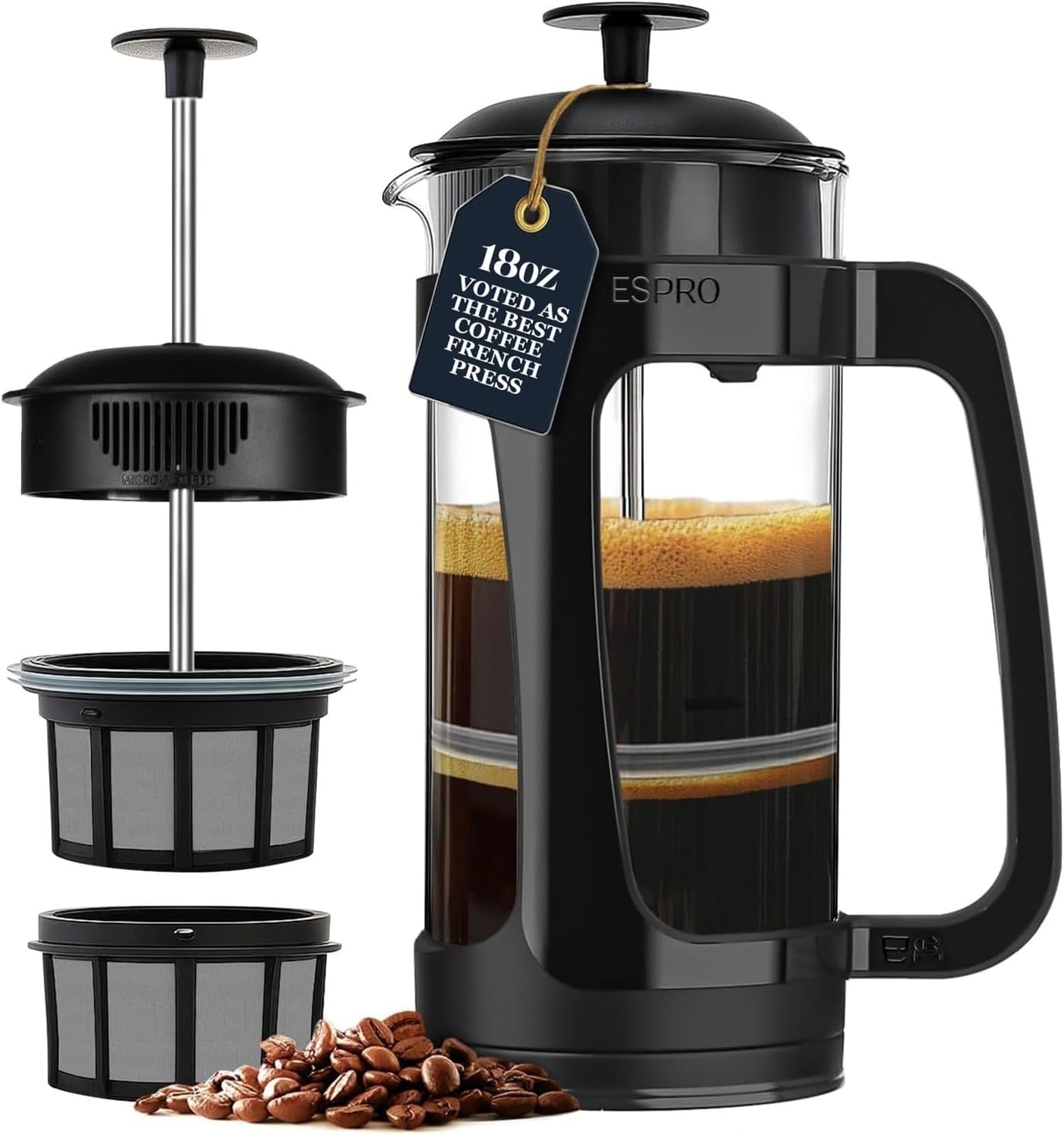 ESPRO P3 French Press Coffee Maker – Patented Double Micro-Filter for Grit-Free Brew, Heat Resistant thicker Borosilicate Glass Coffee press – (Black 18 oz)