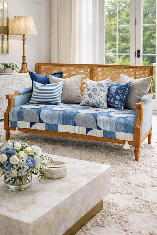 Grey Geomatric L Shape Sofa Cover With Corner Tassels for 2+2 Lounger Set, Sofa Throw with Tassels for LHS RHS L-Shaped Sectional for Living Room,4 Seater Sofa Cover With Corner Tassels India