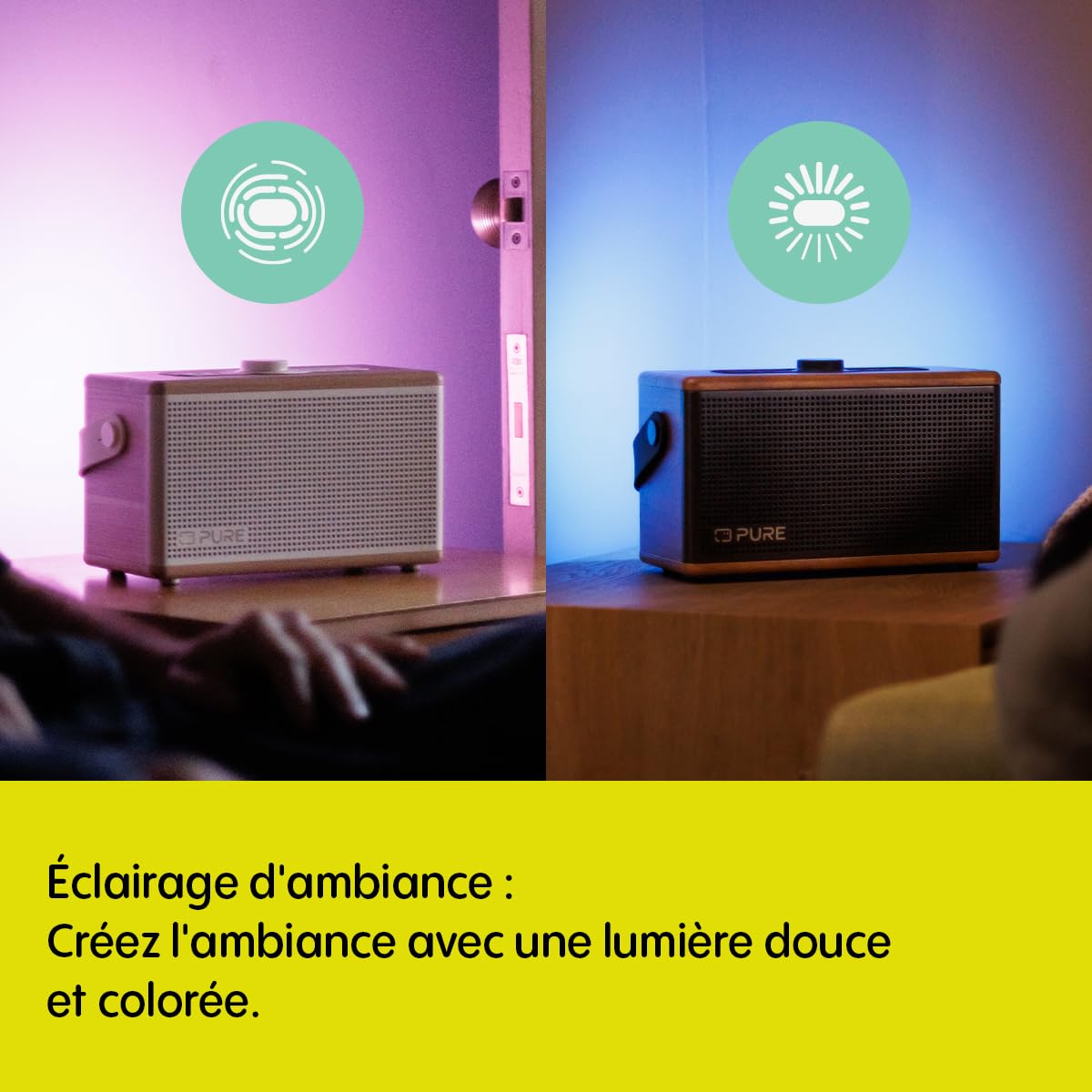 Pure Classic Aura Enceinte Bluetooth Portable 40W avec Batterie 10000mAh, Fonction Powerbank, lumière d’Ambiance, 30h autonomie, USB-C, entrée AUX, étanche IPX2 – Marron Café/Noyer