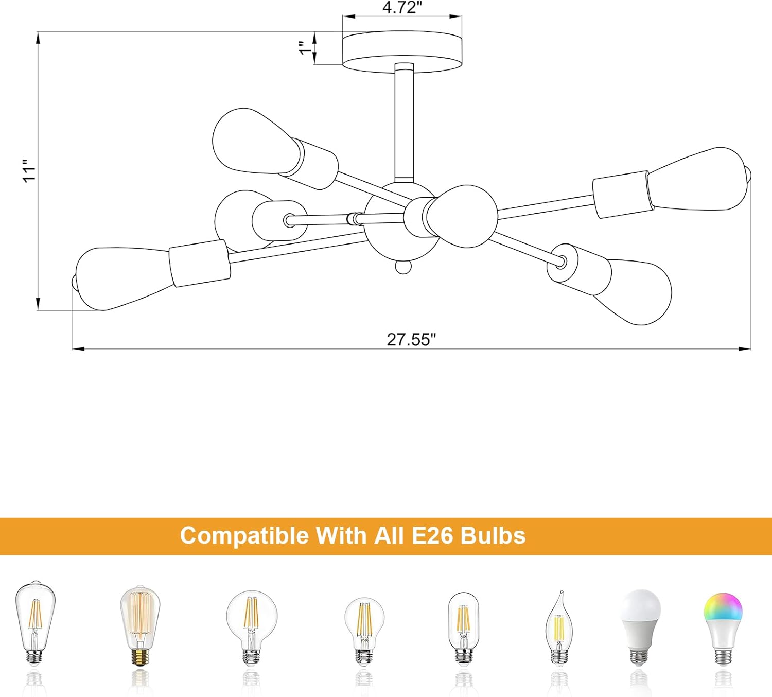MEIXISUE Modern Semi Flush Mount Ceiling Light Fixture Black and Gold Close to Ceiling Light 6-Light Sputnik Chandelier Light Fixture for Hallway Entryway Bedroom Kitchen Dining Room UL Listed