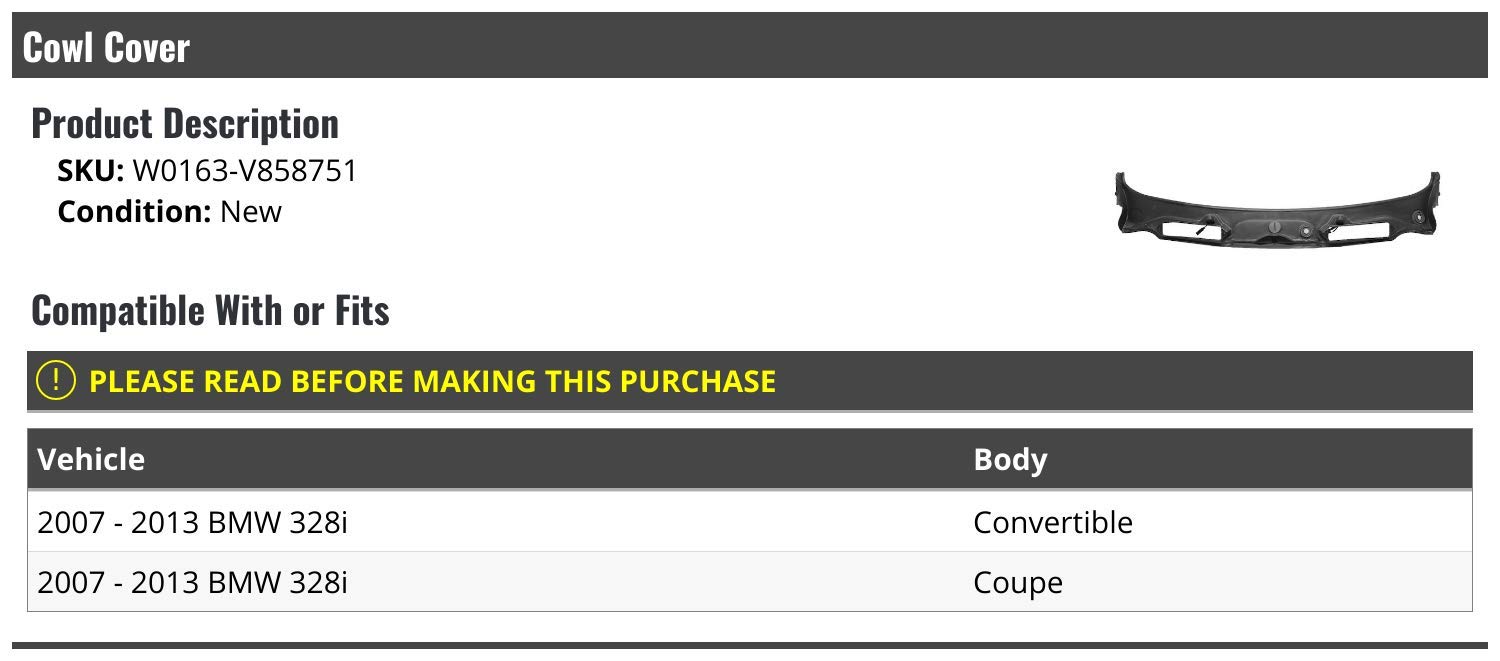 Marketplace Auto Parts Windshield Cowl Cover - Compatible with 2007-2013 BMW 328i