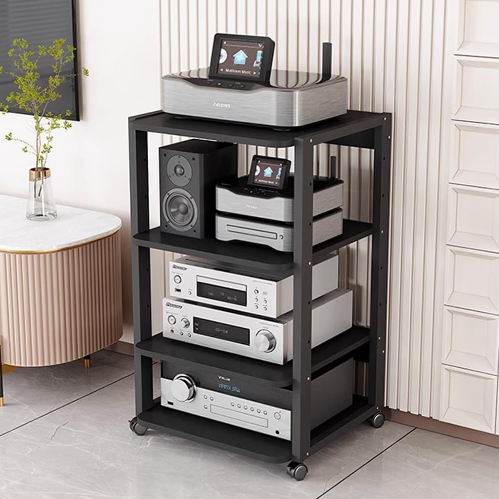 Armadietto portaoggetti rimovibile nero – Supporto AV a 4 livelli per DVD/CD/amplificatore – Elegante design aperto, altezza 90 cm, perfetto per l'installazione di home theater