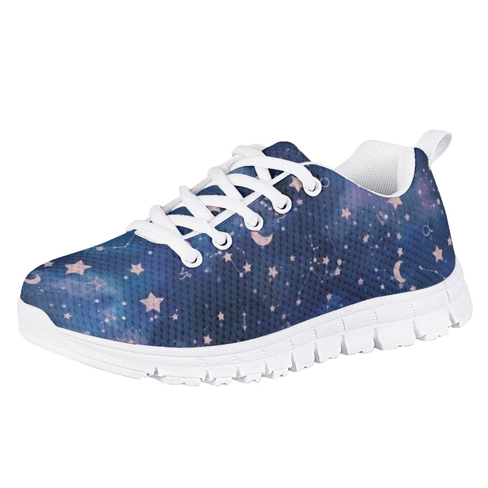 Zapatillas de deporte para niñas Comfort Mesh Transpirable con cordones Zapatos de suela blanca, Constelación de plantas de luna y galaxia, 31 EU