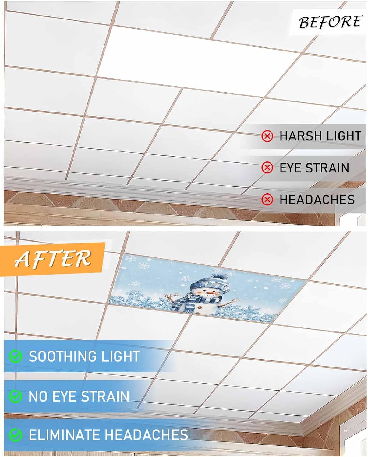 JasmineM Snowman Christmas Winter Holiday 2 Pack 4 x 2 Feet Fluorescent Light Covers for Ceiling Lights Classroom, Magnetic Light Covers Filter for Office School Drop Lamp Home Decor, Blue Snowflake