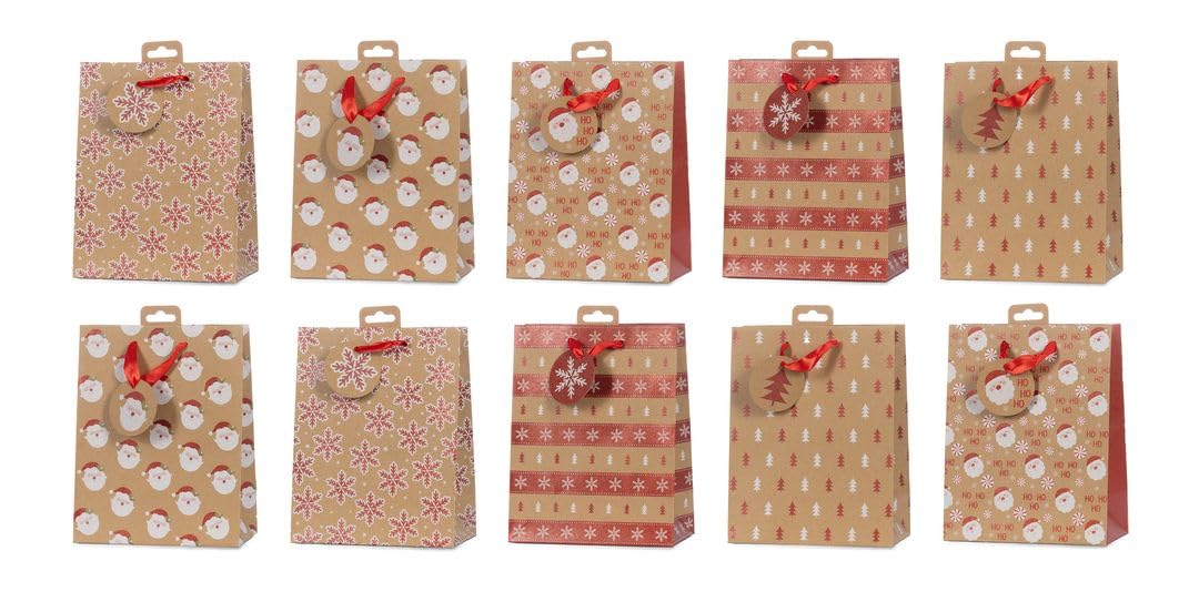 Laro Premium Line Geschenktüten Weihnachten/Kraftpapier/Braun/Rot 10/20/40/100stk Größe: H23x B18x T10x cm Medium, Anzahl:40, Muster Tüten:Weihnachten Kraftpapier Braun Rot