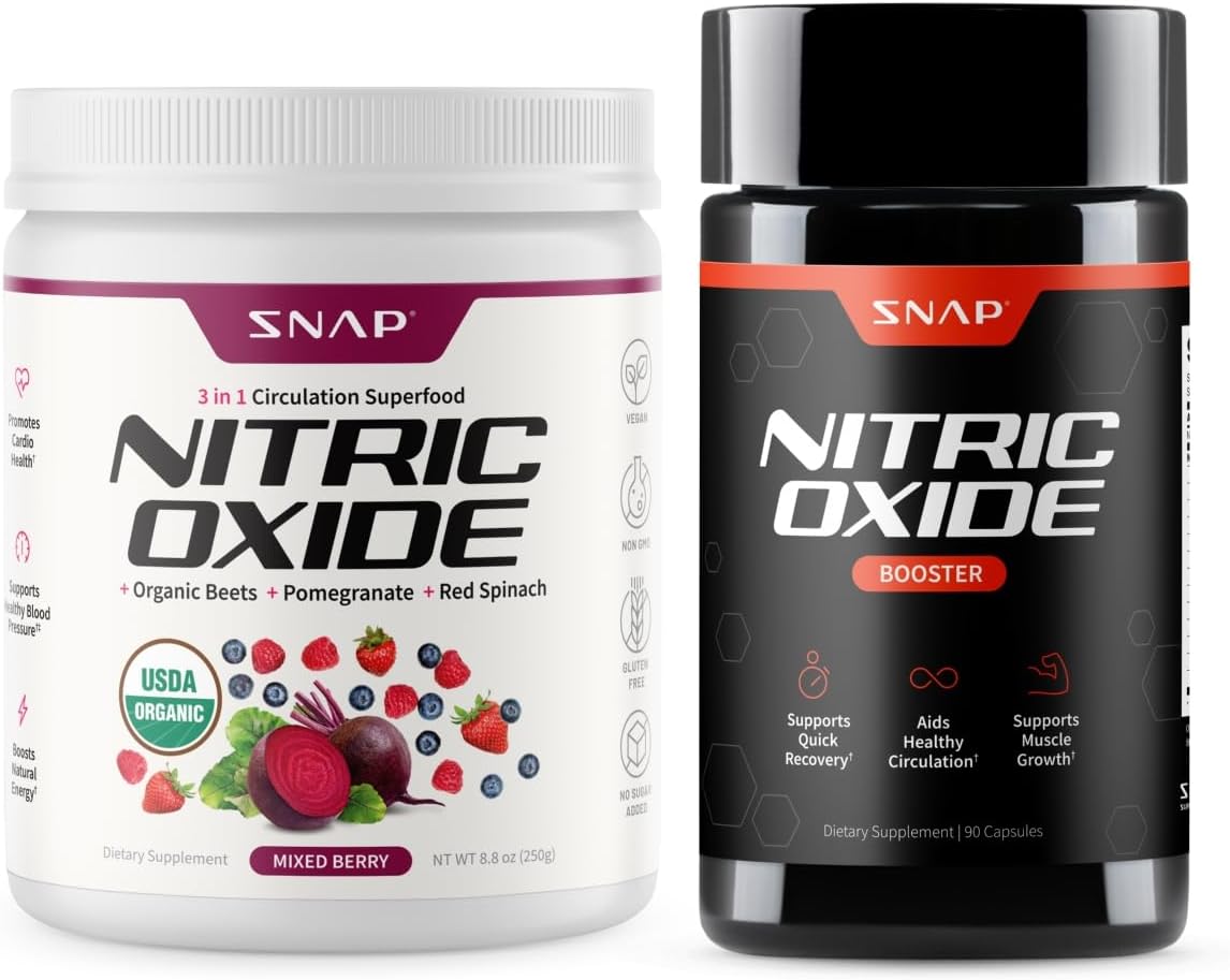 Snap Supplements Organic Beet Root Nitric Oxide Powder + Nitric Oxide Booster Bundle, 30 Servings Mixed Berry Powder + 90 Vegetarian Capsules