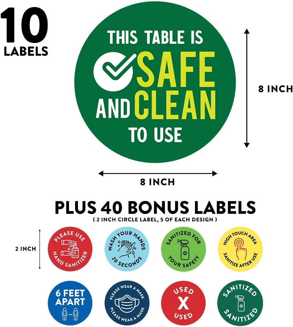 Andaz Press Restaurant Social Distancing This Table Is Safe And Clean To Use Business Signs, 50 Labels, 10-Pack 8" Round Labels + 40-Pack 2" Circle Vinyl Sticker Decals