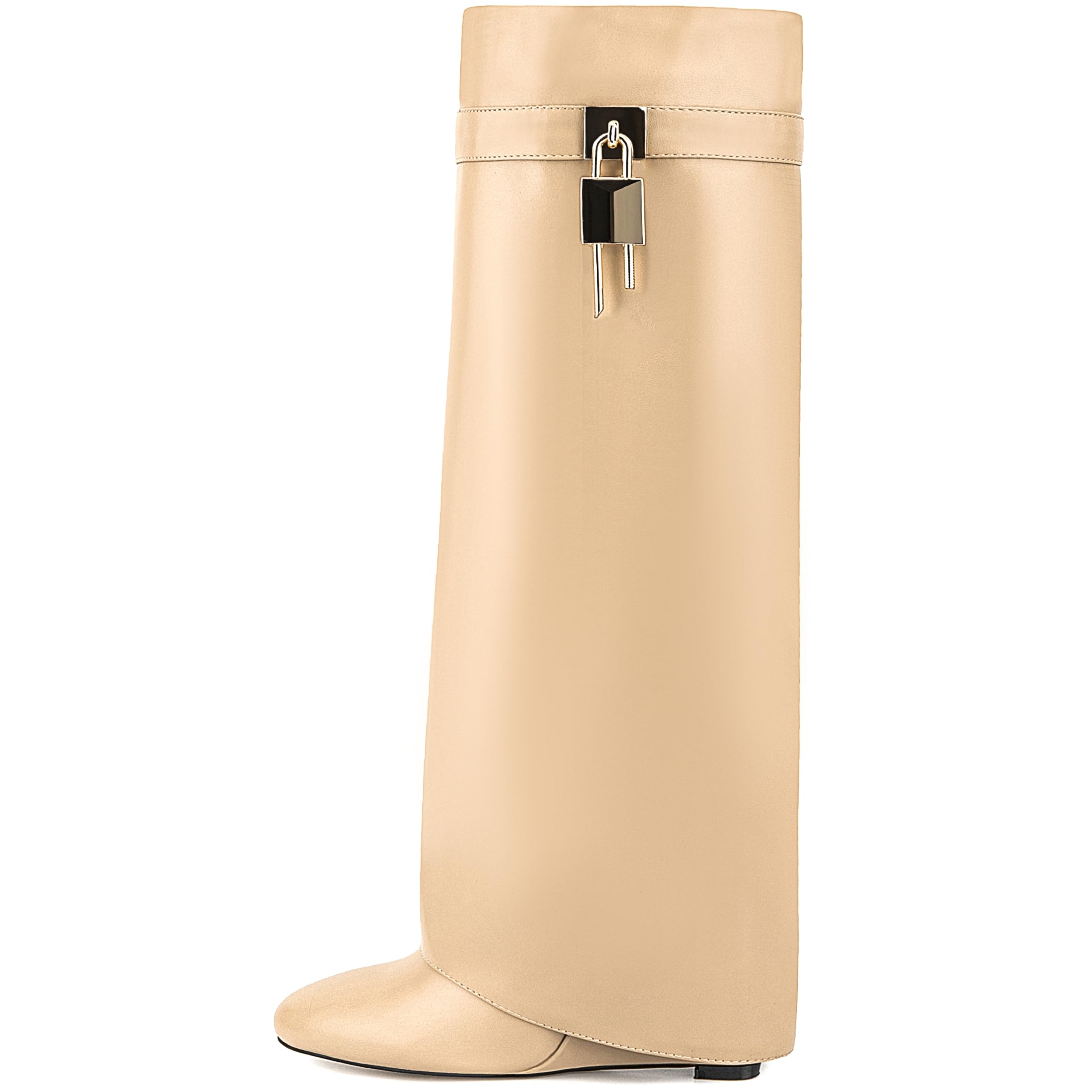 Women's Fold Over Knee High Shark Boots Wedge Heel Side Zipper
