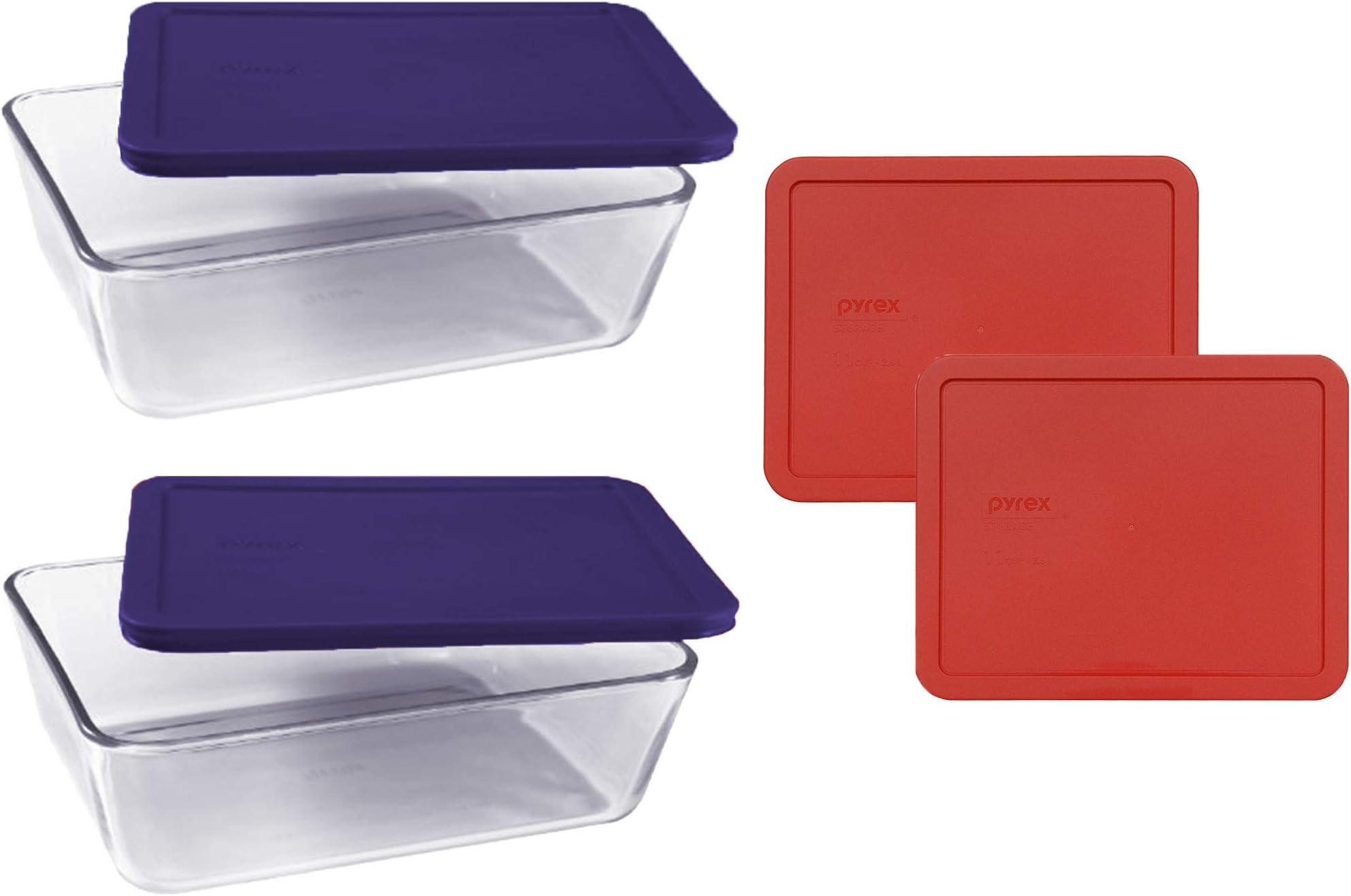 (2) 7212 11-Cup Glass Dishes with (2) 7212-PC Dark Blue & (2) Red Food Storage Replacement Lids - Made in USA