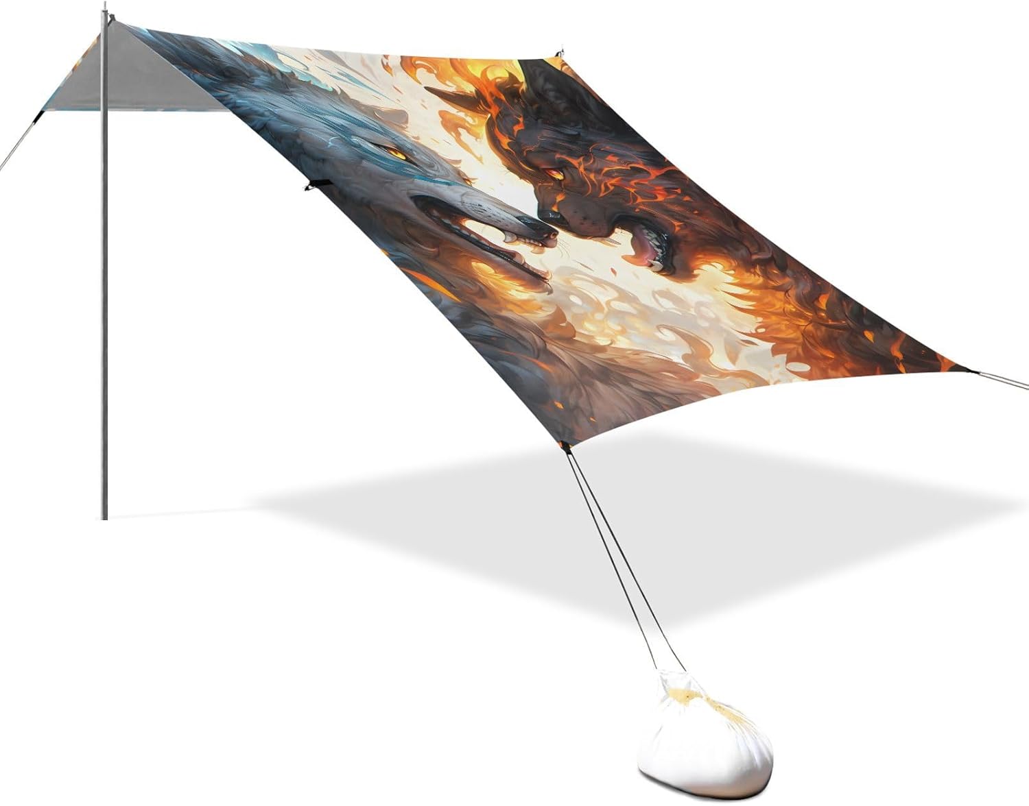 ALAZA Roarring Wolf Fire & Ice Beach Tent Sun Shelter UPF50+ Protection Beach Shade Canopy w/ 4 Sandbags for Outdoor Camping, Fishing, Backyard Fun, Picnic, 10x9 ft