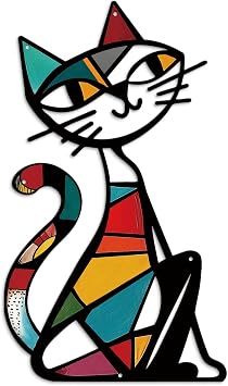 Putuo Decor Cat Metal Wall Decor, Iron Wall Hanging for Cat Lovers, Colorful Mid-Century Geometric Retro Wall Sculpture for Living Room Bedroom Kitchen Office, 13.77 x 9.84 in