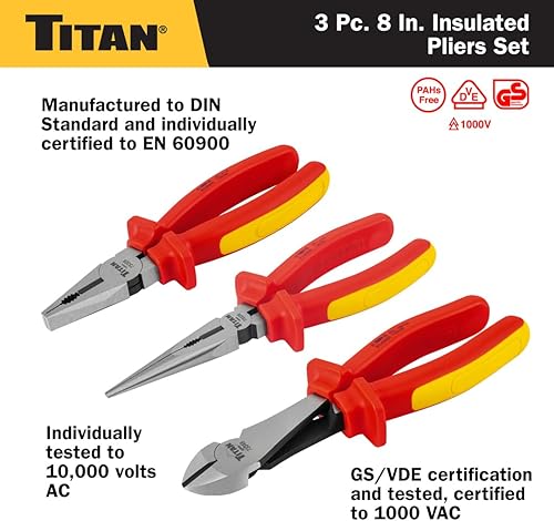 Miniatura 2 de Titan Juego de alicates aislados VDE de 3 piezas, incluye alicates combinados, de nariz larga y diagonal, de 8 pulgadas, certificado según EN 60900,