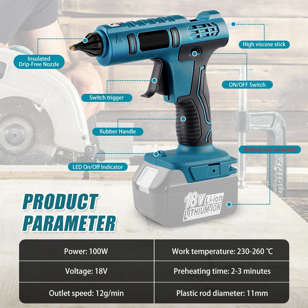 Pistola per colla a caldo senza fili, compatibile con Makita BL1830 BL1840 BL1850 BL1860 18 V, batteria al litio da 100 W con 20 stick di colla, riscaldamento rapido