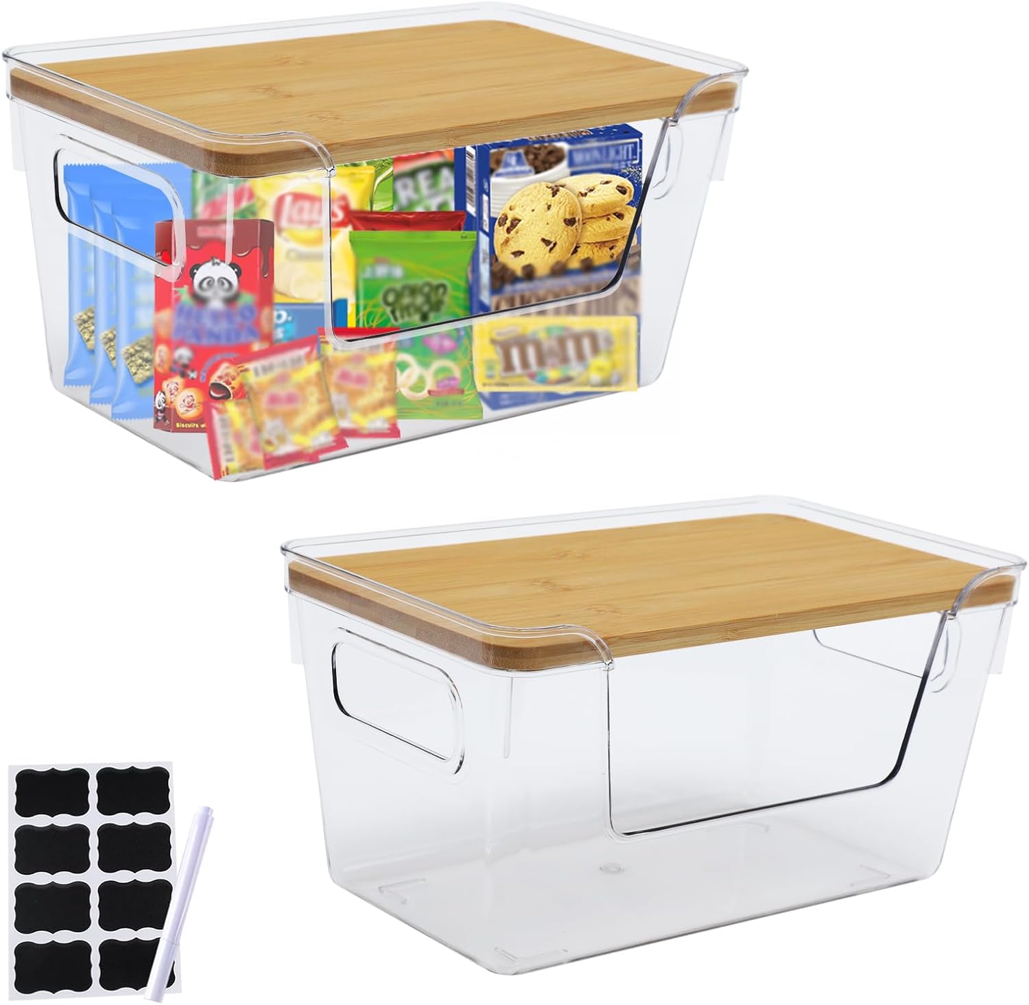 2 Pack Snack Station Organizer for Pantry Shelf,Snack Bar Station Storage Basket with Handle & Wooden Lid,Stackable Plastic Baskets for Storage Pantry Bins Organizer,Kitchen Organization Box