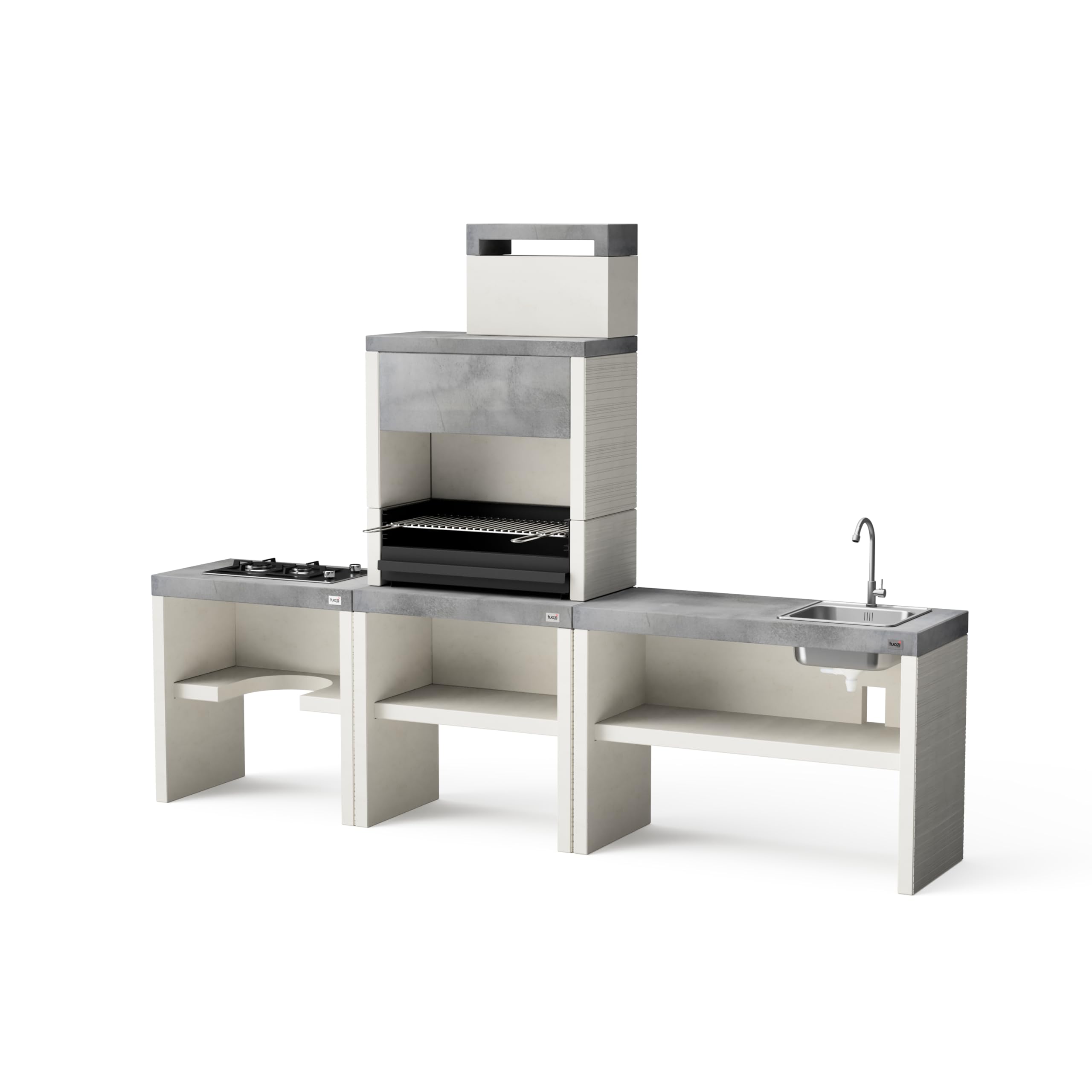 TUOZI - PACK 4 PLAN – COCINA DE EXTERIOR PLAN 1 PLUS FULL – Barbacoa Modular con Parrilla de Acero Inoxidable, Fregadero y Cocina a Gas (266 x 47 x 192 cm)
