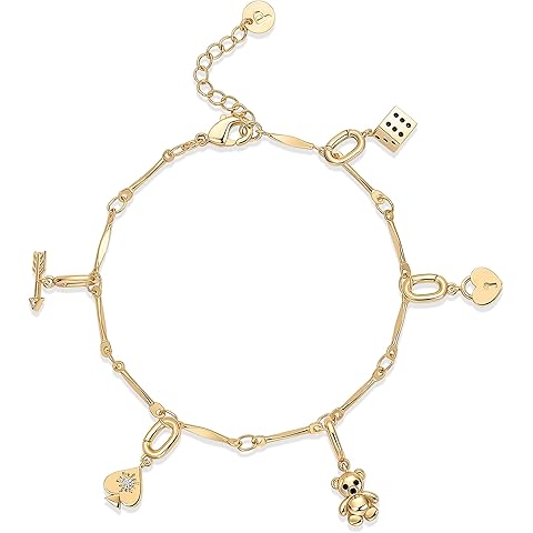 PAVOI 14K Gold Plated Adjustable Bracelet for Women | Twisted Bar & Paperclip Charm Chain Bracelets with Moon, Evil Eye, Teddy Bear, Heart Lock, Airplane, Dog, Cowboy Boot, Cat, Cupid & More | Fashion Jewelry