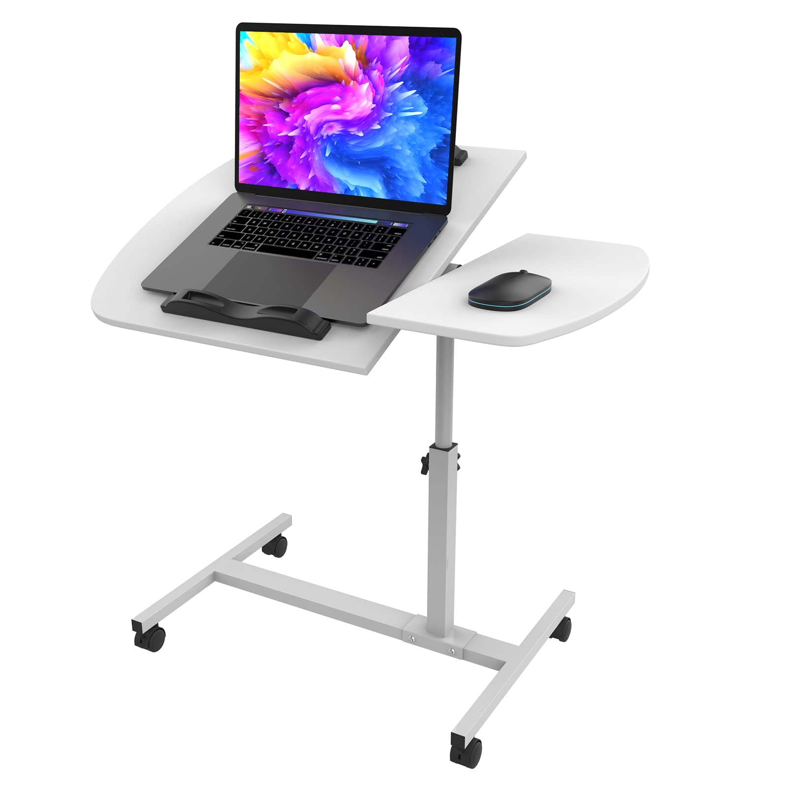PIPIPOXER 60x40cm Tavolino da Laptop, Tavolino con Ruote, Scrivania per Laptop con Strisce Antiscivolo Scrivania Mobile Regolabile in Altezza 61-91cm per PC per Tavolino Tablet Portatile, Bianco