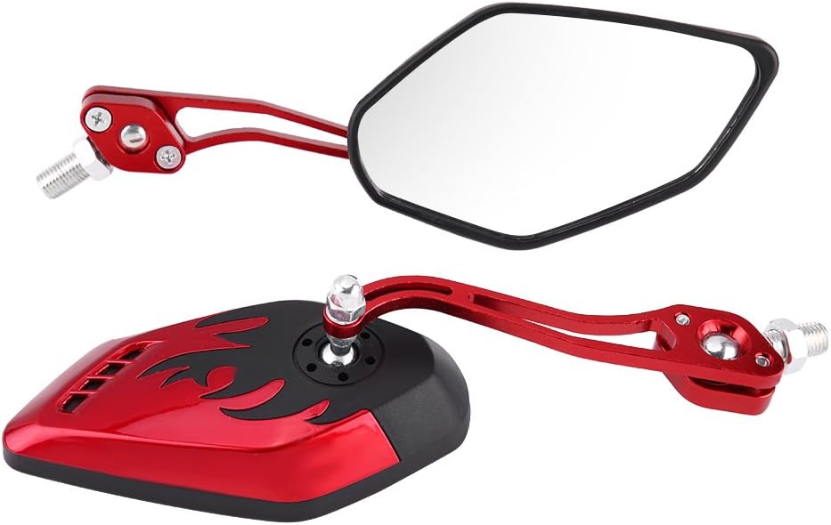 Keenso Universal Adjustable Motorcycle Scooter Mirrors - Aluminum Handlebar Rearview Round Flame Mirrors for Motorbike 10mm 8mm (Red)