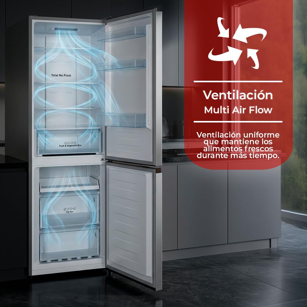 NILSON Frigorifero combi in acciaio inox a 2 ante, NC185601ENFX, capacità 293 litri, No Frost, Multi Air Flow, 40 dB, porta reversibile, apertura tipo maniglia, classe energetica E