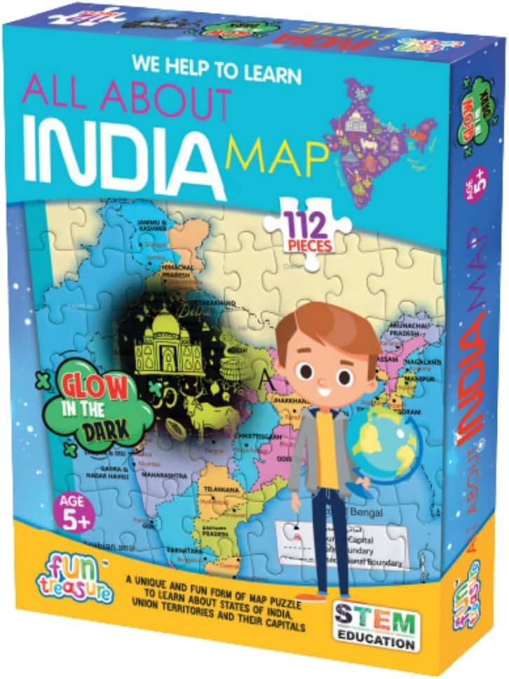 MONKEYTAIL All About India Map Jigsaw Puzzle | 112 Pieces Glow-in-The-Dark Educational Toy for Kids Ages 2-12 for Boys & Girls