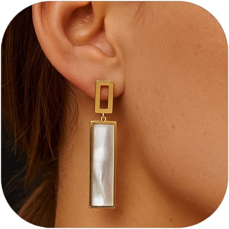 Rectangle Geometric Clip On Earrings For Women,Gold Plated Resin Non Pierced Ear Clips Drop Dangle Earrings Hypoallergenic Non Pierced Earrings for Sensitive Ears