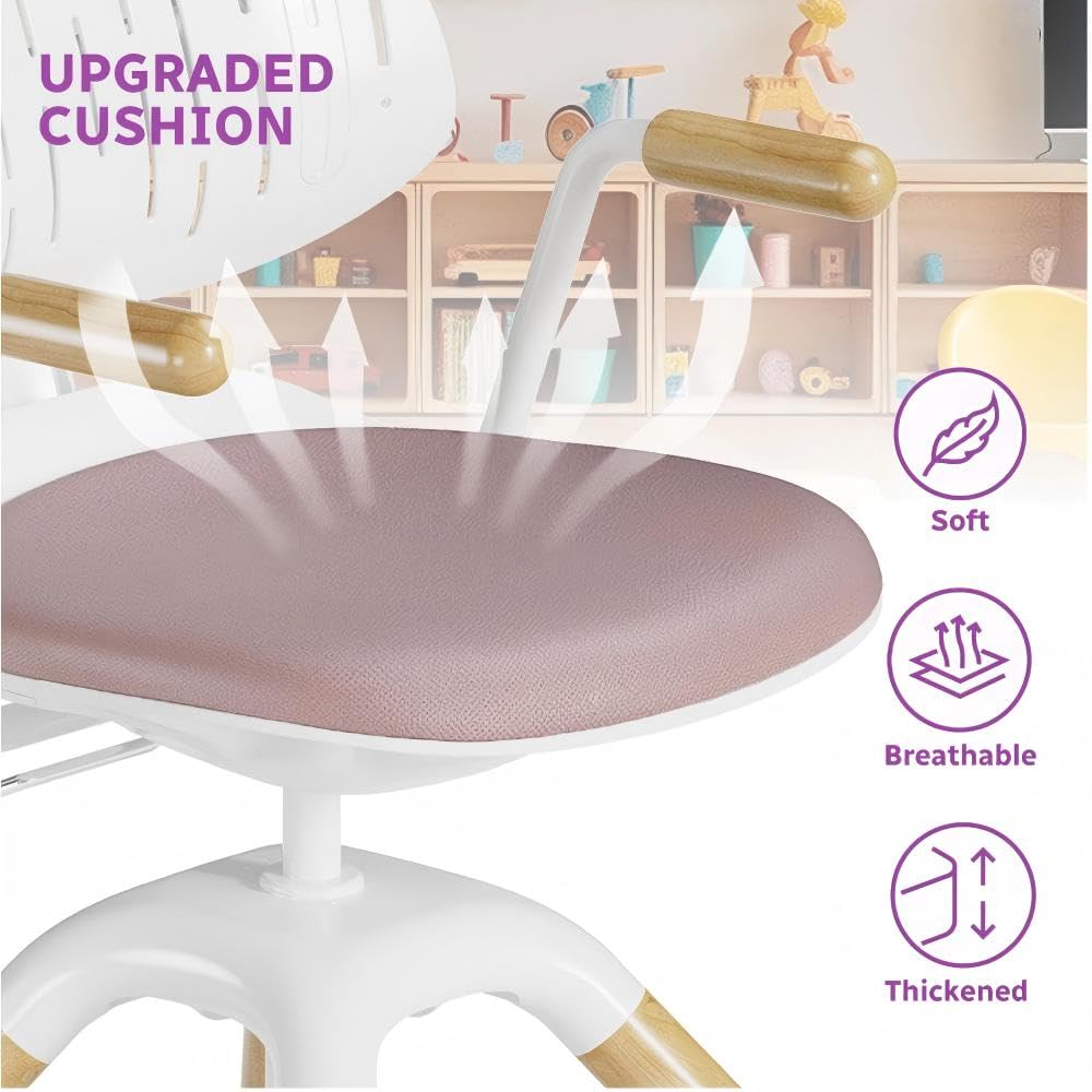 HOKO Kinderdrehstuhl höhenverstellbar, Jugendstuhl ohne Rollen, bis 120 kg | dynamisch mitbewegende Rückenlehne, Sitzhöhe von 40-50 cm, 360° drehbar, 30° neigbar, für Kinder ab ca. 125 cm, Rosa, LAURA