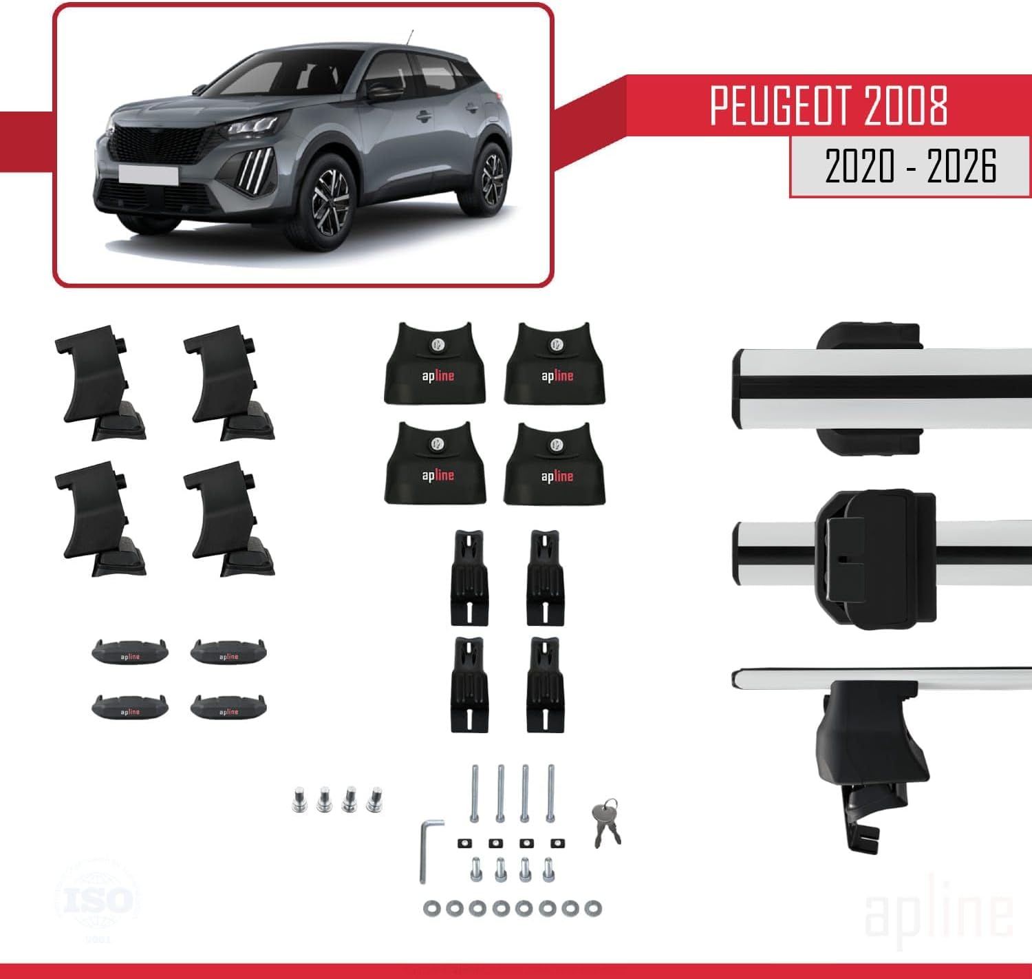 Compatible with Peugeot 2008 II (P24) 2020-2026 ACE-4 Car Roof Rack Cross Bar Grey Aluminium 2 Bars