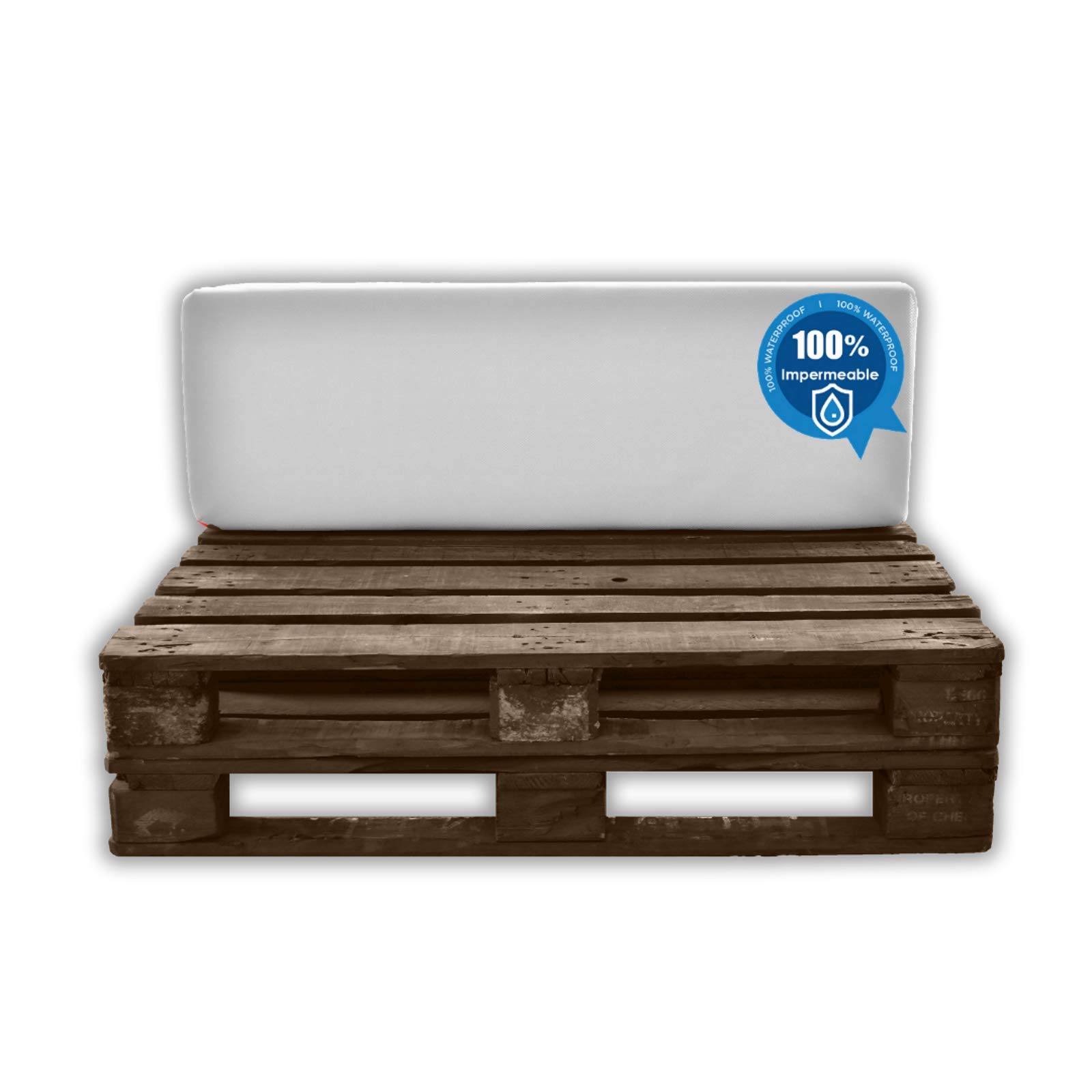 MICAMAMELLAMA Pack Ahorro Asiento + Respaldo Cojines para palets Sofa de Palets Exterior e Interior - Funda Náutica Blanca Impermeable - Espuma HR Alta Densidad - Grosor 12cm - Euro Palets