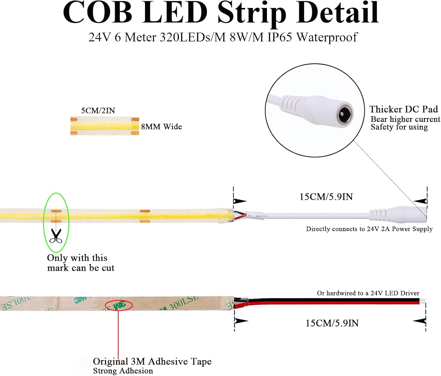 JOYLIT 24V COB LED Strip Lights 2700K Warm White Waterproof 20FT/6M 320LEDs/M Uniform CRI 90+ Flexible Tape Light for Cabinets, Shelves, Counters, Closets Decoration (LED Strip Only)