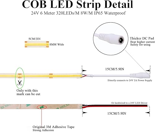 Miniatura 6 de JOYLIT Tira de luces LED COB de 24 V, 20 pies, IP65, impermeable, 6000 K, blanco frío, 320 LEDsM CRI 93+, cinta adhesiva uniforme brillante,