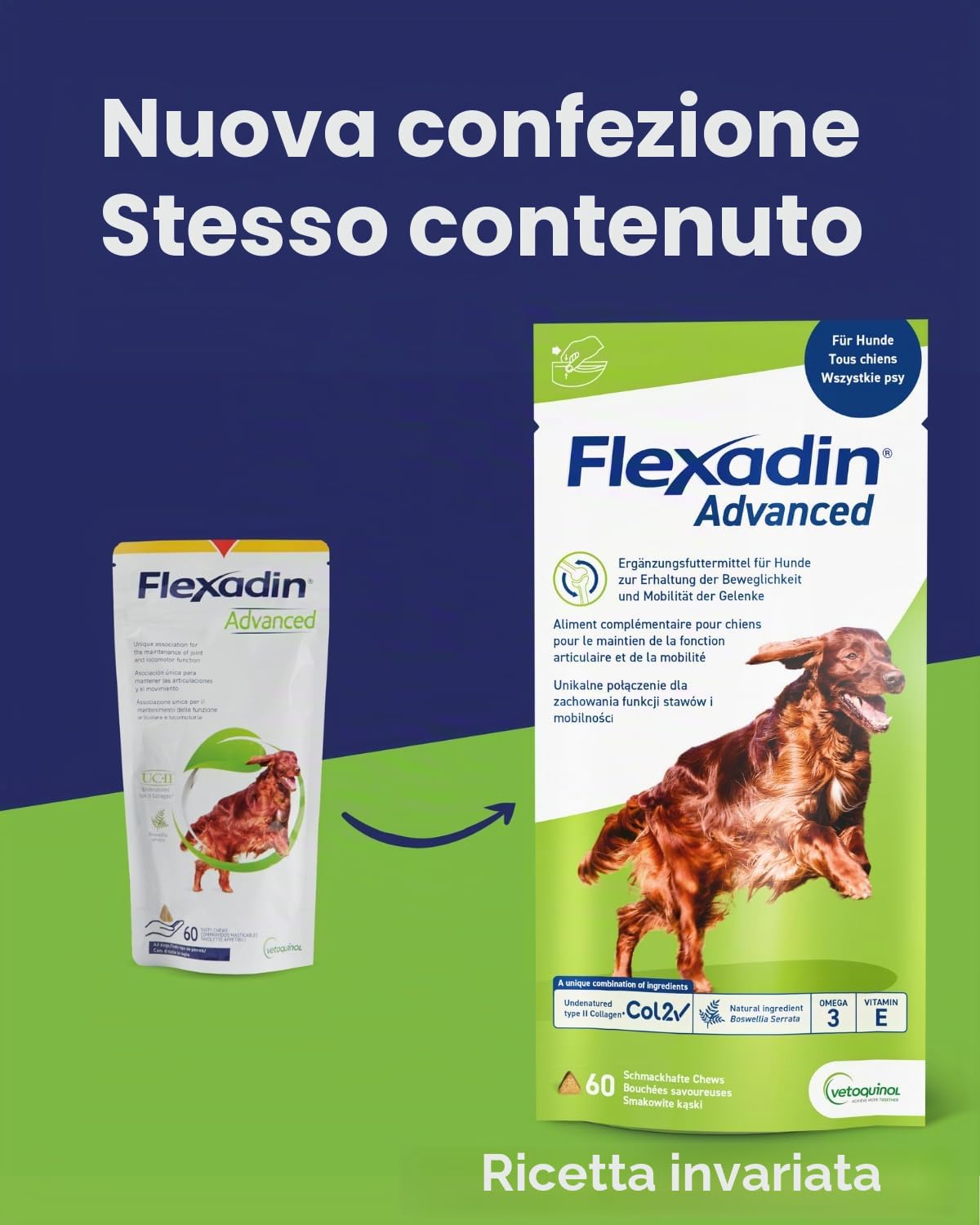 Flexadin Advanced per cani | Confezione doppia | 2 x 60 Chews | Mangime complementare per sostenere la salute delle articolazioni | Con collagene immunoattivo, omega-3 e vitamina E