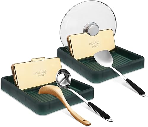 Soporte para cucharas con tapa para estufa, 2 paquetes de soporte plegable para tapa de olla con almohadilla de goteo, espátula resistente al calor,