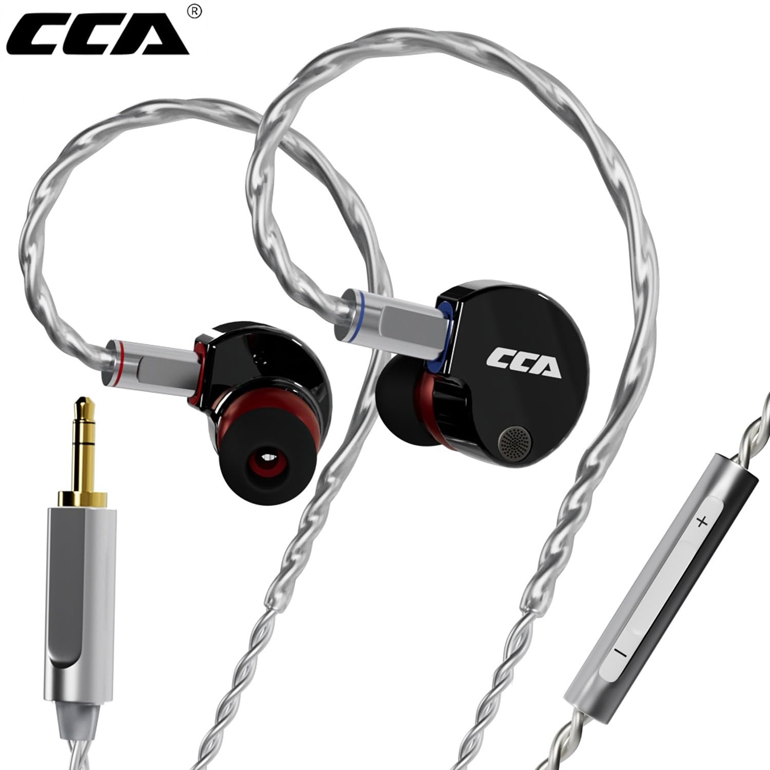 CCA Phoenix Słuchawki HiFi, LCP Dynamic Driver, przewodowe, IEM, izolacja szumów, Hi-Res, odłączany kabel 2-pinowy, słuchawki stereo do muzyki i gier (czarny mikrofon 3,5 mm)